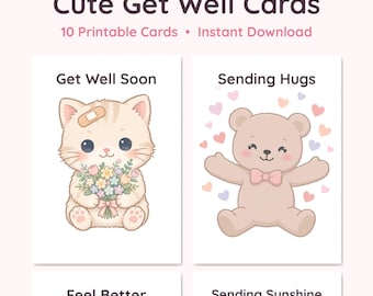 Cute Get Well Cards Printable, 10 Kawaii Get Well Soon Cards, Thinking of You & Feel Better Cards, 5x7 Folded, Instant Download