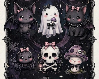 Halloween Wall Art, Dark Kawaii Spooky Skull Pumpkin Ghost Print (Digital Download)