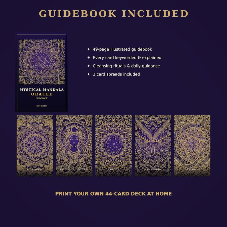 Oracle Cards Printable, Mystical Mandala Oracle Deck, 44 Oracle Cards + Guidebook, Moon Phase Divination Deck, Instant Download image 2