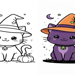 K&ouml;nnte beinhalten: Eine nebeneinander liegende Illustration mit einer schwarz-wei&szlig;en Strichzeichnung und einer farbigen Version einer niedlichen Katze mit Hexenhut. Die Katze hat gro&szlig;e Augen, ein Halsband mit Glocke und sitzt neben einem K&uuml;rbis.