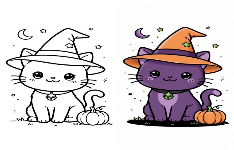 K&ouml;nnte beinhalten: Eine nebeneinander liegende Illustration mit einer schwarz-wei&szlig;en Strichzeichnung und einer farbigen Version einer niedlichen Katze mit Hexenhut. Die Katze hat gro&szlig;e Augen, ein Halsband mit Glocke und sitzt neben einem K&uuml;rbis.