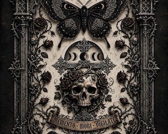 Gothic Wall Art, Memento Mori Skull Moon Phases, Dark Roses Botanical Print (Digital Download)