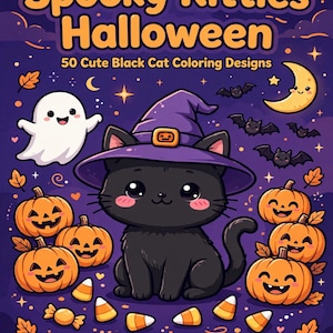 K&ouml;nnte beinhalten: Ein Malbuch mit dem Titel Spooky Kitties Halloween 50 Cute Black Cat Coloring Designs von Ren Hollis. Das Cover zeigt eine schwarze Katze mit einem violetten Hexenhut, umgeben von einem wei&szlig;en Geist, orangefarbenen K&uuml;rbissen, Flederm&auml;usen und Zuckermais.