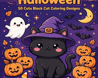 Halloween Coloring Pages, 50 Cute Black Cat Coloring Pages, Kawaii Spooky Kitties Printable PDF, Kids Coloring Book, Instant Download