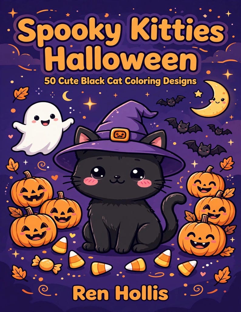 K&ouml;nnte beinhalten: Ein Malbuch mit dem Titel Spooky Kitties Halloween 50 Cute Black Cat Coloring Designs von Ren Hollis. Das Cover zeigt eine schwarze Katze mit einem violetten Hexenhut, umgeben von einem wei&szlig;en Geist, orangefarbenen K&uuml;rbissen, Flederm&auml;usen und Zuckermais.