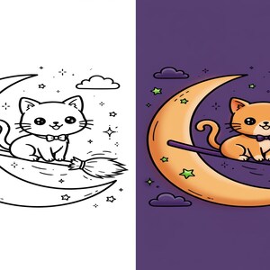 K&ouml;nnte beinhalten: Eine geteilte Illustration mit einer schwarz-wei&szlig;en Strichzeichnung auf der linken Seite und einer farbigen Version auf der rechten Seite. Beide Seiten zeigen eine niedliche Katze mit Fliege, die auf einem Besen vor einer Mondsichel mit Sternen und Wolken sitzt.