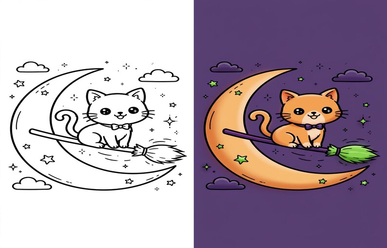 K&ouml;nnte beinhalten: Eine geteilte Illustration mit einer schwarz-wei&szlig;en Strichzeichnung auf der linken Seite und einer farbigen Version auf der rechten Seite. Beide Seiten zeigen eine niedliche Katze mit Fliege, die auf einem Besen vor einer Mondsichel mit Sternen und Wolken sitzt.