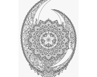 Crescent Moon Mandala Poster — Celestial Wall Art Print, Boho Moon Decor