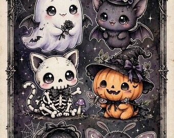 Gothic Wall Art, Dark Kawaii Ghost Bat Skull Print, Spooky Sweet Decor (Digital Download)