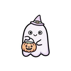 May include: A light purple ghost illustration with a thick black outline, wearing a lavender witch hat with a light green band and gold buckle. The ghost holds an orange jack-o'-lantern pumpkin bucket with a black handle and face.