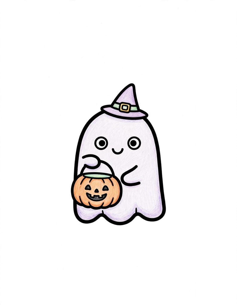 May include: A light purple ghost illustration with a thick black outline, wearing a lavender witch hat with a light green band and gold buckle. The ghost holds an orange jack-o'-lantern pumpkin bucket with a black handle and face.