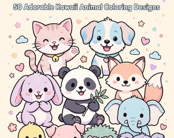 Op de afbeelding: Een kleurboek getiteld Cute Cuddly Animals: 50 Adorable Kawaii Animal Coloring Designs door Ren Hollis. De kaft bevat illustraties van een kat, hond, konijn, panda, vos, olifant, eend, varken, egel en koala tegen een achtergrond met hartjespatronen.