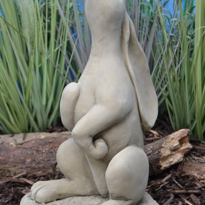 Pu&ograve; includere: Una scultura in cemento grigio di un coniglio in piedi sulle zampe posteriori con la testa inclinata verso l'alto. Il coniglio sta guardando il cielo. La scultura &egrave; seduta su una base rotonda.