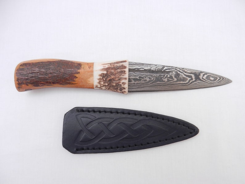 Natural Sgian Dubh Damascus Steel in Scottish Blackthorn and Antler Scottish gift wedding gift mens gift groom gift Scottish knife