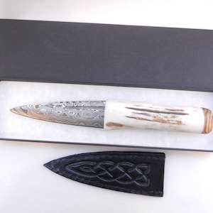 Scottish gift,wedding gift Damascus Steel Sgian Dubh in Scottish Red Deer Stag Antler and Wild Cherry mens gift best man gift groom gift