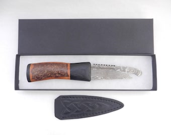 Natural Blackthorn Damascus Sgian Brew with local Bog Oak and Brazilian Purpleheart centre