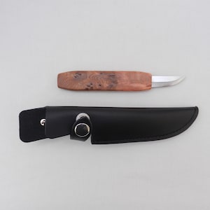 Wood Carving Knife in Scottish Burr Wych Elm and Yew, leather knife, mens gift