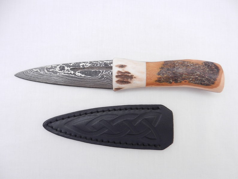 Natural Sgian Dubh Damascus Steel in Scottish Blackthorn and Antler Scottish gift wedding gift mens gift groom gift Scottish knife