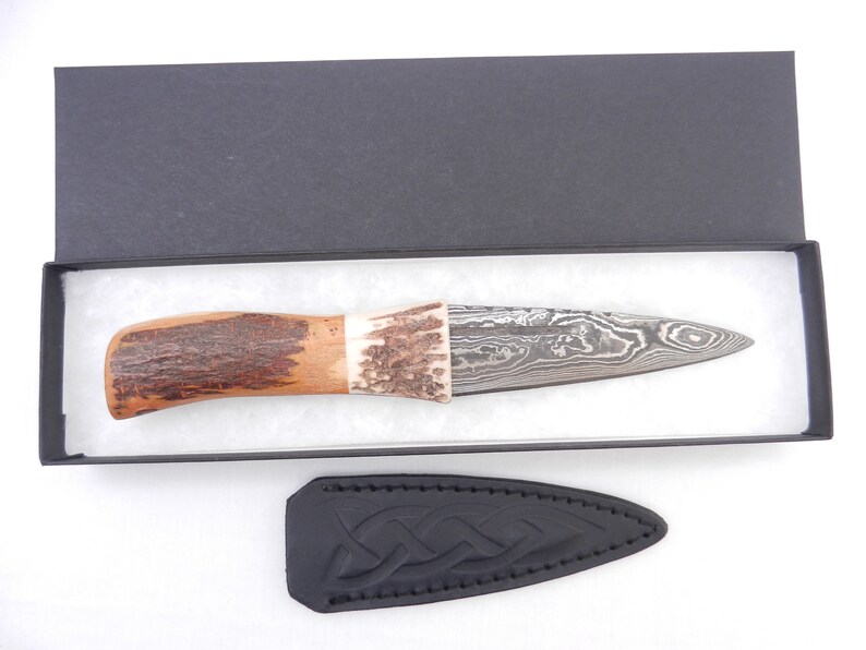 Natural Sgian Dubh Damascus Steel in Scottish Blackthorn and Antler Scottish gift wedding gift mens gift groom gift Scottish knife