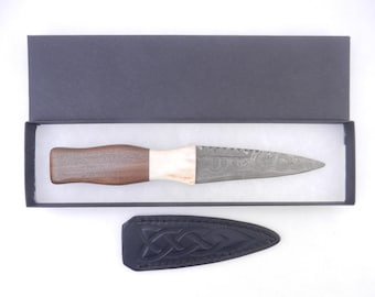 Damascus Steel Sgian Dubh in Scottish Walnut\Red Deer Stag Antler and Laburnum, antler gift, wedding gift, groom gift, mens gift