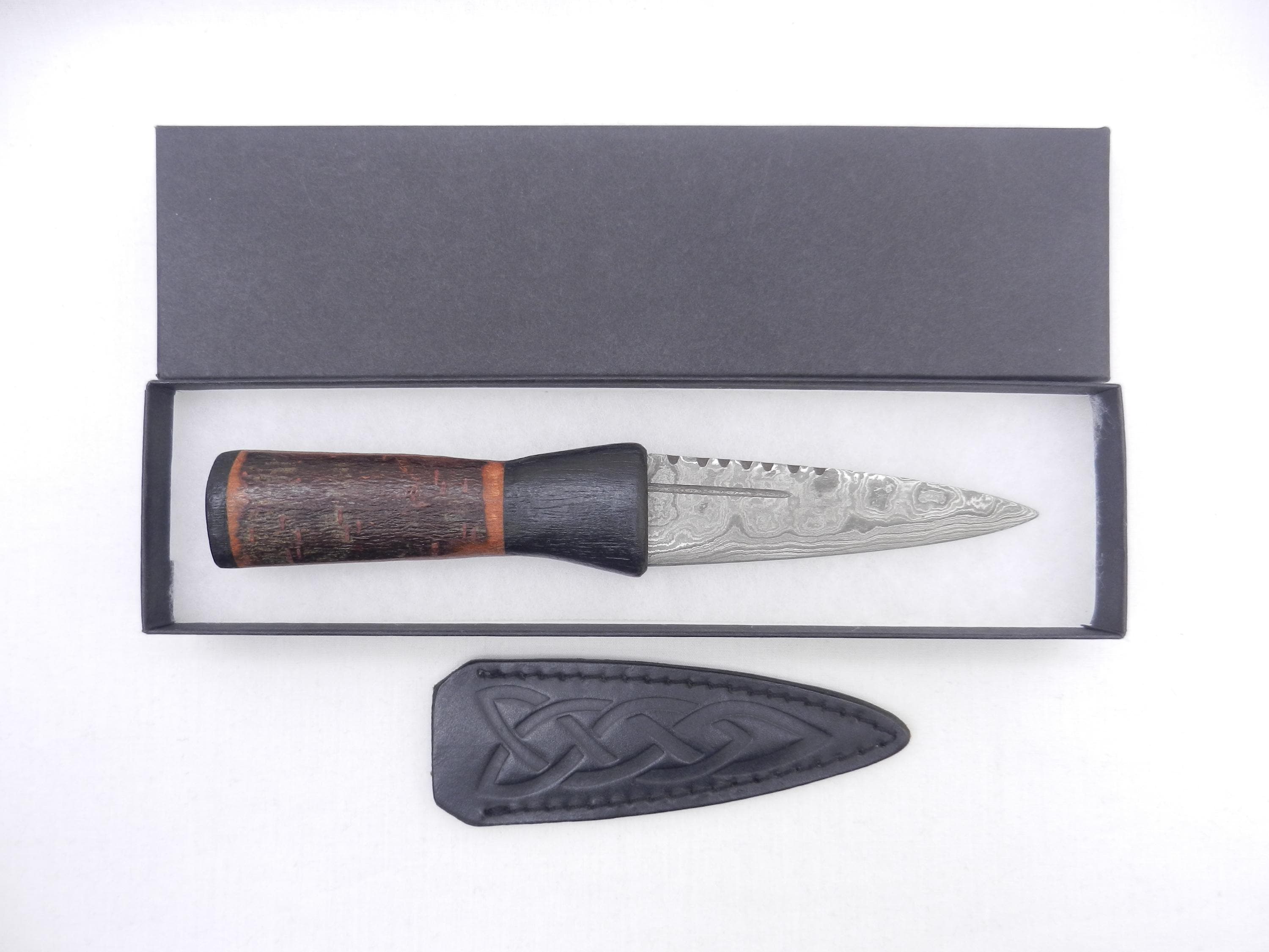 Natural Blackthorn Damascus Sgian Dubh with local Bog Oak and Brazilian Purpleheart centre