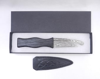 Damascus Steel Sgian Brew Bottle Opener: Scottish Bog Oak & Oak Handle