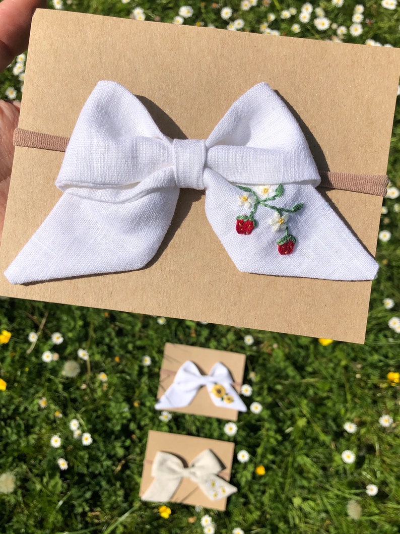 Hand Embroidered Bow Linen Bow Baby Bow Summer Bow Embroidered Strawberries