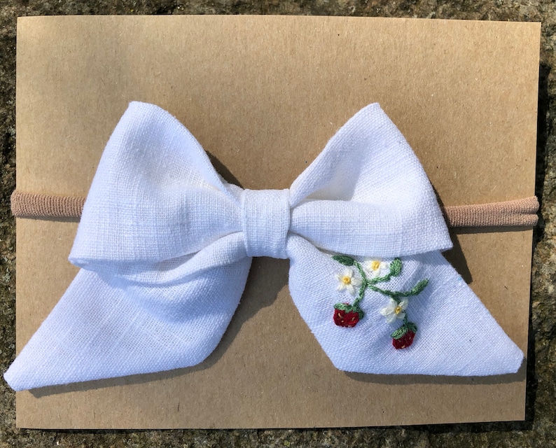 Hand Embroidered Bow Linen Bow Baby Bow Summer Bow Embroidered Strawberries