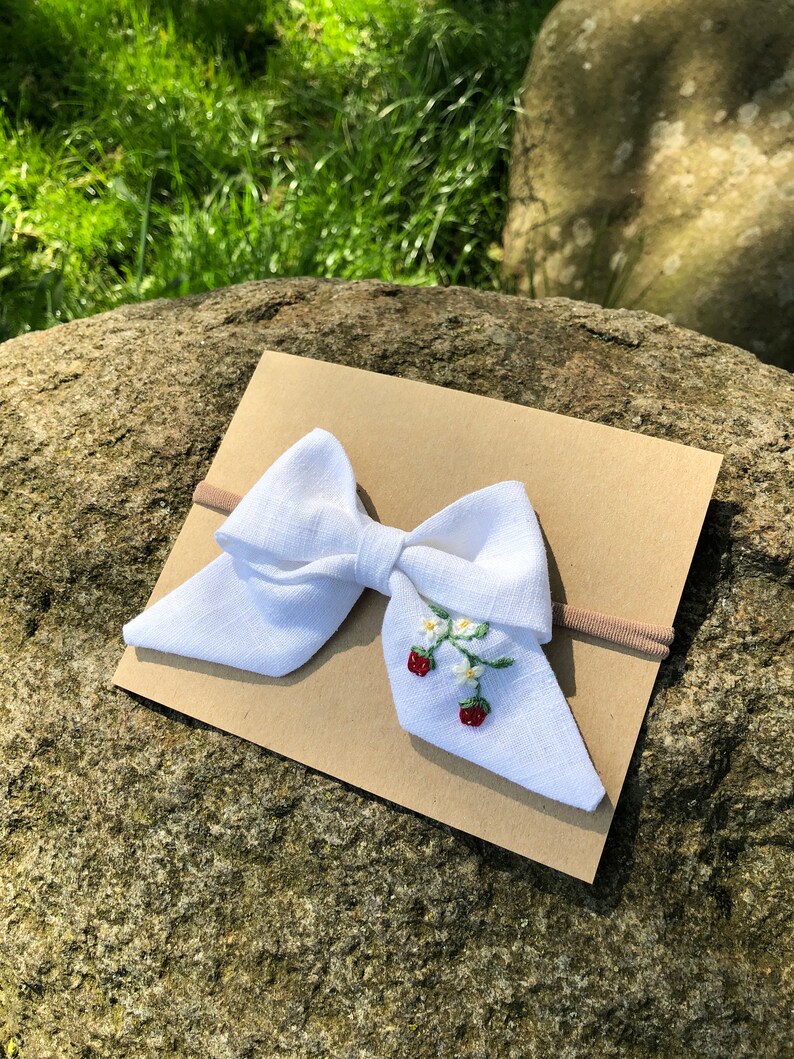 Hand Embroidered Bow Linen Bow Baby Bow Summer Bow Embroidered Strawberries