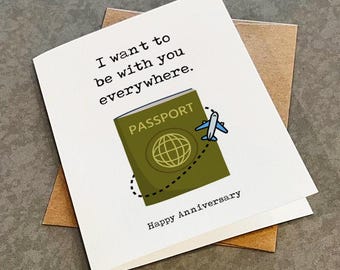 Cute Anniversary Card For Traveling Couple, I Want To Be With You Everywhere, Sweet Adorable Anniversary Greeting Card, World Traveller