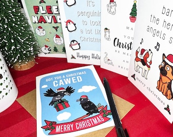 Funny Animal Christmas Card Set of 5 - Cat Dog Penguin Sheep Crow Holiday Pun Greeting Cards - Punny Xmas Cards for Friends and Family