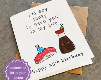 Cute Custom Made Sushi Birthday Card For Him, Adorable Birthday Card For Boyfriend, Girlfriend, Significant Other, So Lucky To Have You