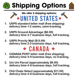 May include: A graphic showing shipping options for the United States and Canada. The graphic lists three shipping options for each country with delivery times and prices. The graphic includes a hammer and a star for the United States and a maple leaf for Canada.