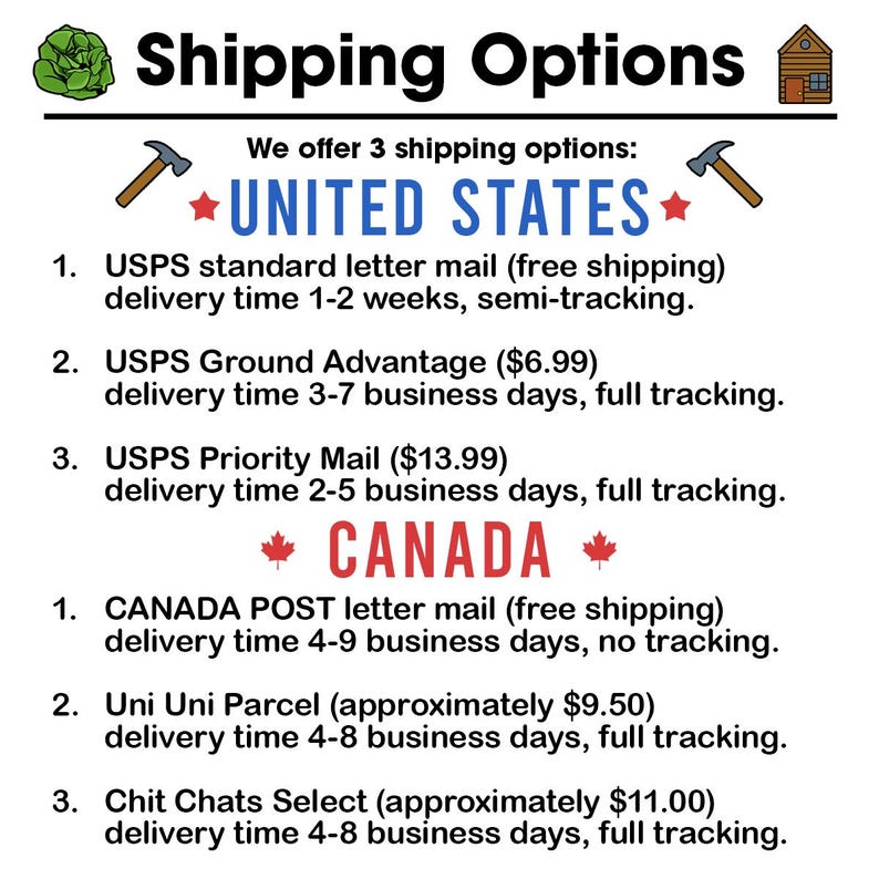 May include: A graphic showing shipping options for the United States and Canada. The graphic lists three shipping options for each country with delivery times and prices. The graphic includes a hammer and a star for the United States and a maple leaf for Canada.
