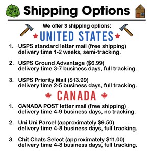 May include: An informational graphic titled Shipping Options featuring a green cabbage icon and a small wooden cabin icon. The text outlines three shipping methods for the United States and three for Canada, including USPS, Canada Post, Uni Uni, and Chit Chats services with delivery timeframes and tracking details listed for each option.