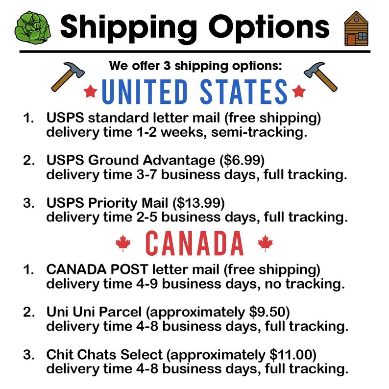 May include: An informational graphic titled Shipping Options featuring a green cabbage icon and a small wooden cabin icon. The text outlines three shipping methods for the United States and three for Canada, including USPS, Canada Post, Uni Uni, and Chit Chats services with delivery timeframes and tracking details listed for each option.