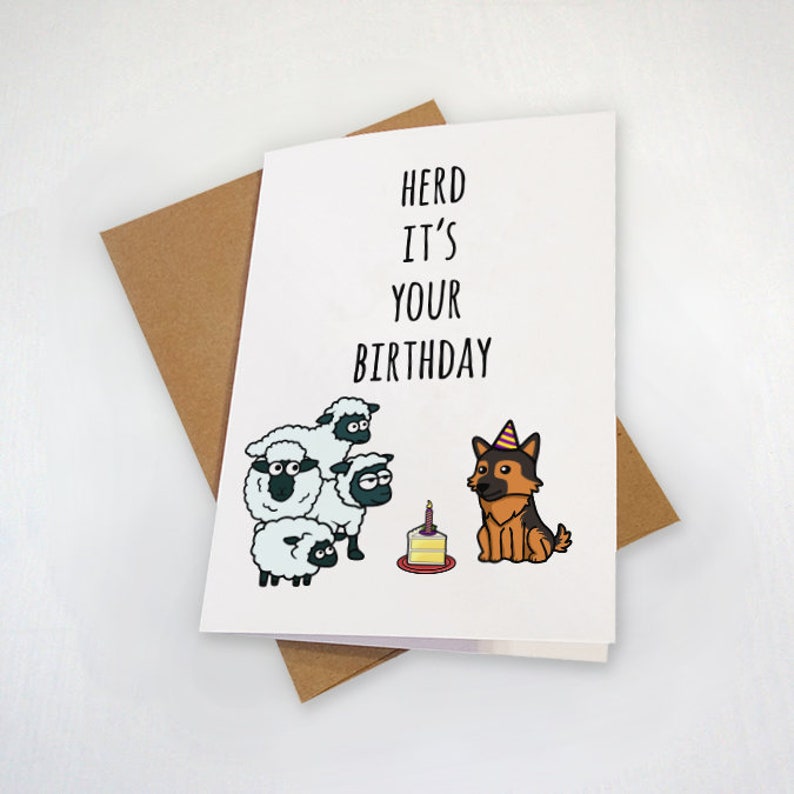 Herd It/'s Your Birthday Sheep and German Shepard Cute Birthday Card Punny Greeting Card