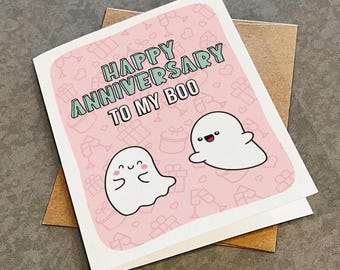 Cute & Adorable Ghost Greeting Card For Boyfriend, Happy Anniversary To My Boo, Lovely Anniversary Present For Girlfriend, White A2 Card