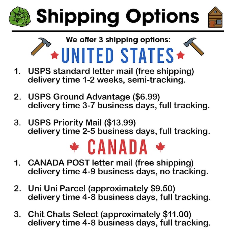 Puede incluir: Un gr&aacute;fico que muestra las opciones de env&iacute;o para Estados Unidos y Canad&aacute;. El gr&aacute;fico enumera tres opciones de env&iacute;o para cada pa&iacute;s con los tiempos de entrega y los precios. El gr&aacute;fico incluye un martillo y una estrella para Estados Unidos y una hoja de arce para Canad&aacute;.