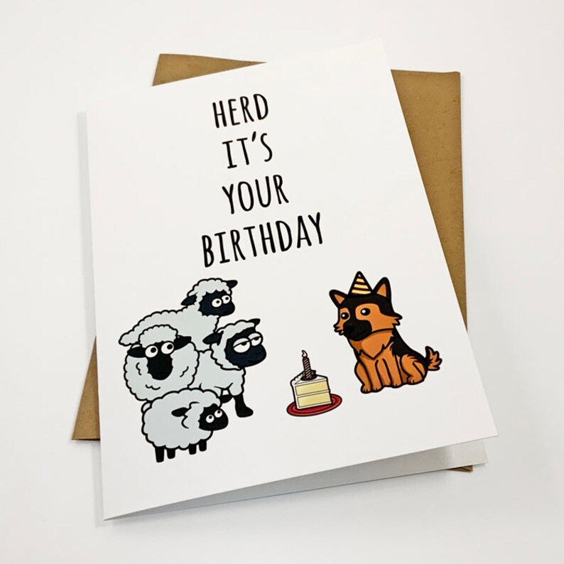 Herd It/'s Your Birthday Sheep and German Shepard Cute Birthday Card Punny Greeting Card