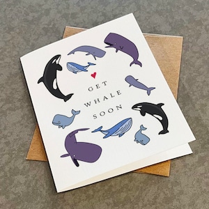 Get Whale Soon - Jeu de mots drôle de guérison, carte de voeux de rétablissement mignonne et pleine d'esprit, carte d'amitié, carte d'encouragement pour les amis et la famille
