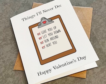 Funny Checklist Valentine's Day Card - Funny Valentine's Card For Boyfriend - Rick Rolled Meme Valentine's Card