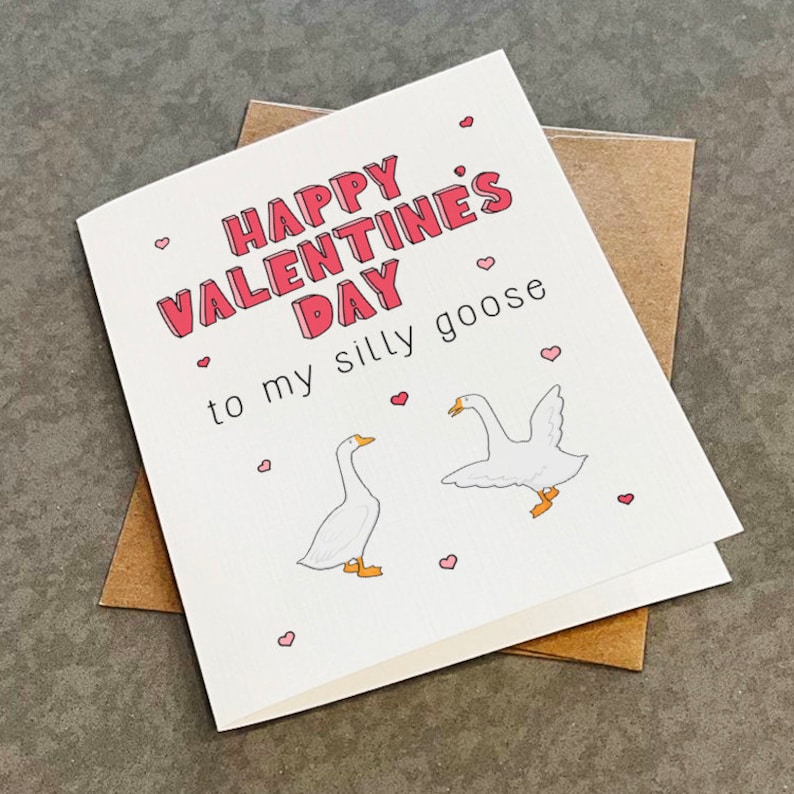 May include: A white card with pink text that reads "Happy Valentine's Day to my silly goose". Two white geese are drawn on the card, one with its wings spread out. Pink hearts are scattered around the text and geese.