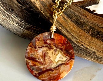 Sunset Crazy Lace Agate Pendant Necklace gold,   Round Firery Agate on gold chain
