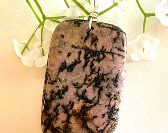 Large Rhodonite Rectangular Pendant 2.75”, Natural Pink & Black Stone on Cord