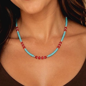 Genuine Turquoise & Coral Necklace, Thin Turquoise Heishi Layering Necklace