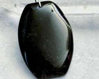 Large Black Stone Pendant,  Black Fire Agate Pendant on Cord 2.5 inch