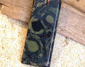 Kambaba Jasper Pendant on chain, Green Black Swirl Stone choose copper, gold or silver colored wire wrap