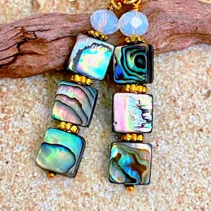 Boucles d'oreilles longues en ormeau avec pierres de lune, pendentifs en coquillages d'ormeau de 5,6 cm