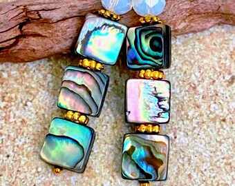 Long Abalone Earrings with Moonstones, 2.2 inch Abalone Shell Dangles